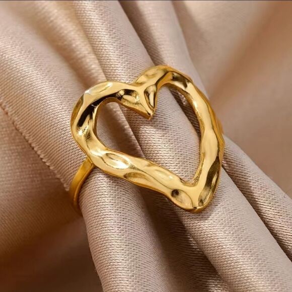 Chic Cuff Ring Stainless Steel 18k Gold Plated Trendy Hollow Heart Design - Picture 2 of 7